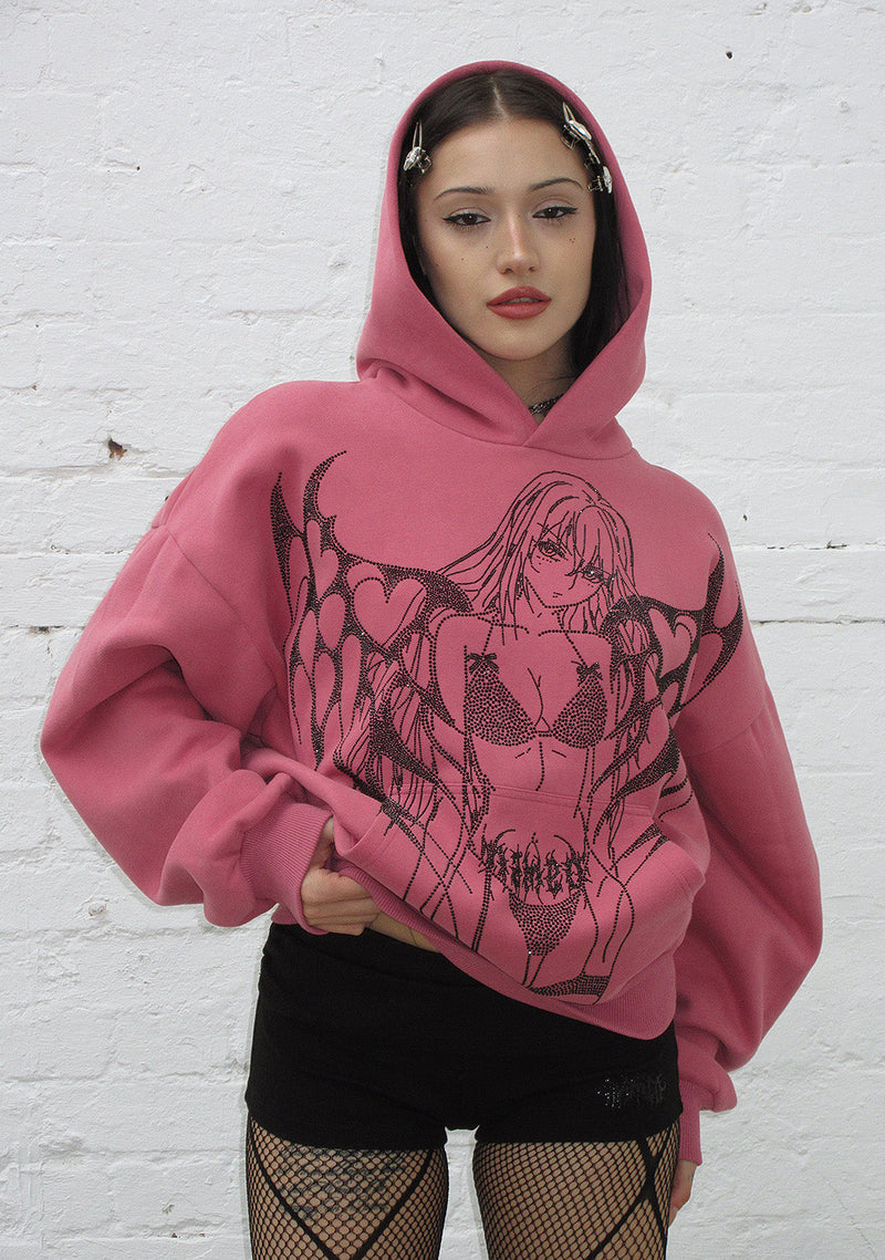 STRANGERS RHINESTONE ANGEL PULLOVER HOODIE DUSKY PINK