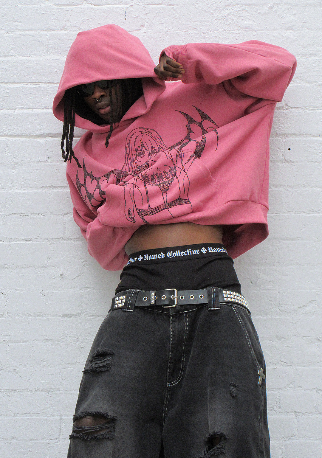 STRANGERS RHINESTONE ANGEL PULLOVER HOODIE DUSKY PINK