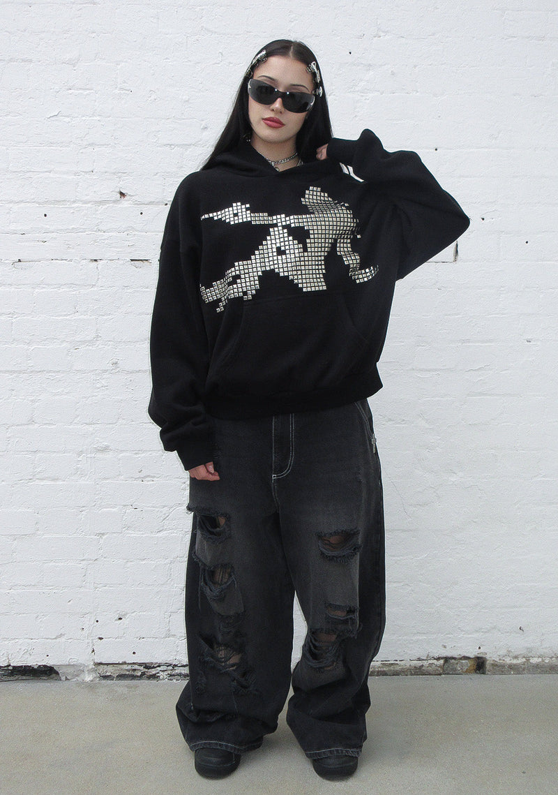 STRANGERS STUDDED SILHOUETTE PULLOVER HOODIE BLACK