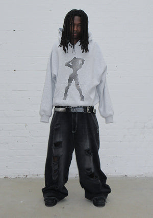STRANGERS STUDDED SILHOUETTE PULLOVER HOODIE GREY MARL