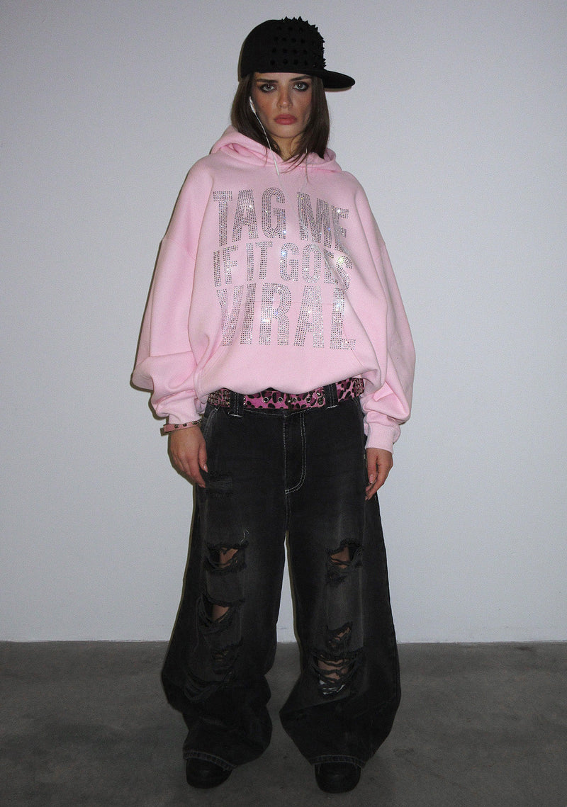 TAG ME RHINESTONE PULLOVER HOODIE BABY PINK