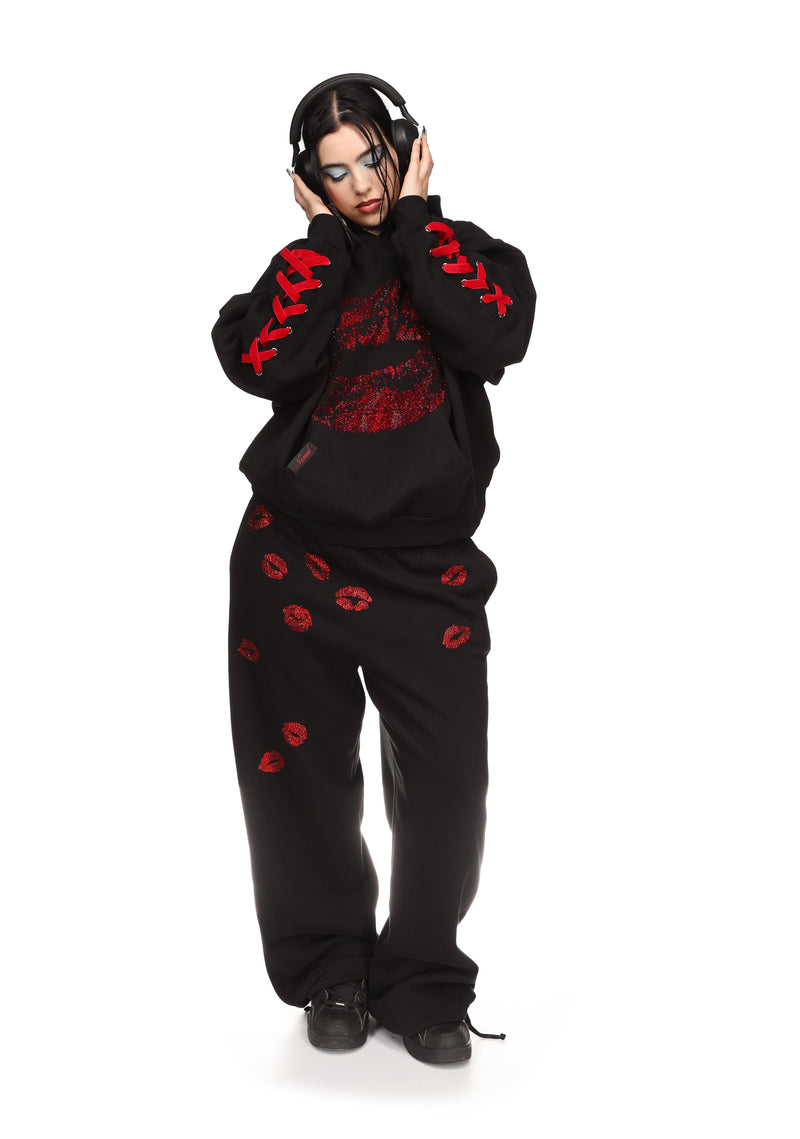 TEASE RHINESTONE KISS PULLOVER HOODIE BLACK