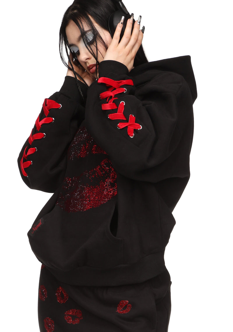 TEASE RHINESTONE KISS PULLOVER HOODIE BLACK