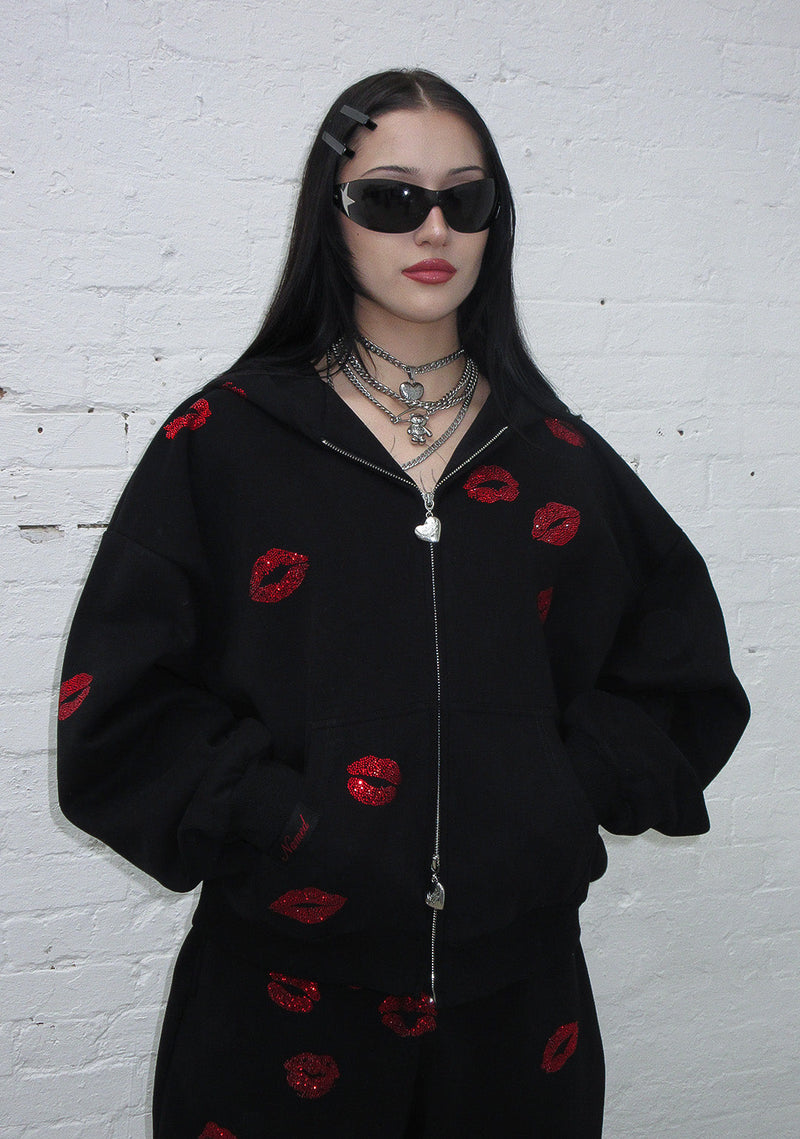 TEASE RHINESTONE KISS ZIP HOODIE BLACK