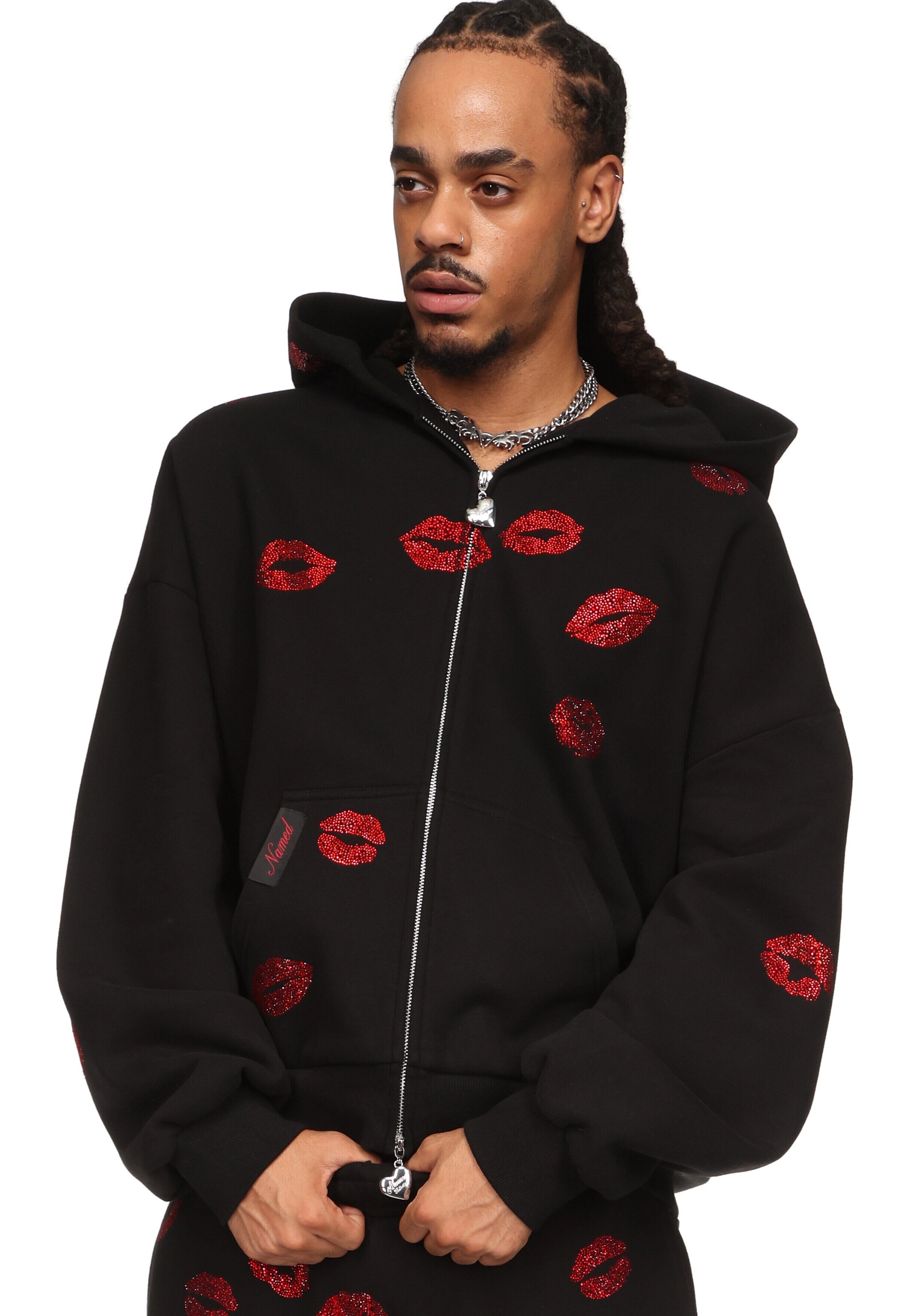 00s シャイニーナイロン ファー 中綿ベスト お兄系 Y2K archive Tease Rhinestone Kiss Zip Hoodie Black – NAMED COLLECTIVE®