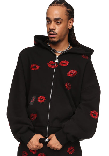 Semantic design 英字カットソー クロス 00s お兄系 y2k Tease Rhinestone Kiss Zip Hoodie Black – NAMED COLLECTIVE®