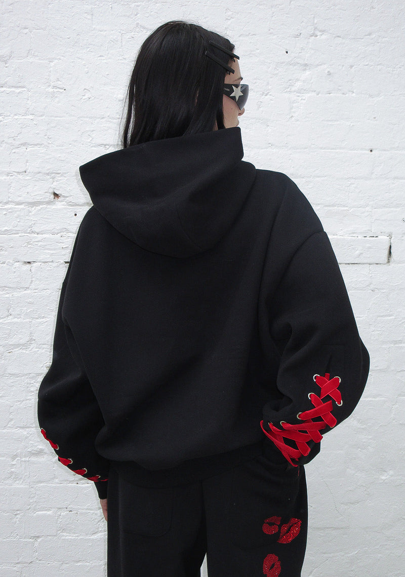 TEASE RHINESTONE KISS PULLOVER HOODIE BLACK