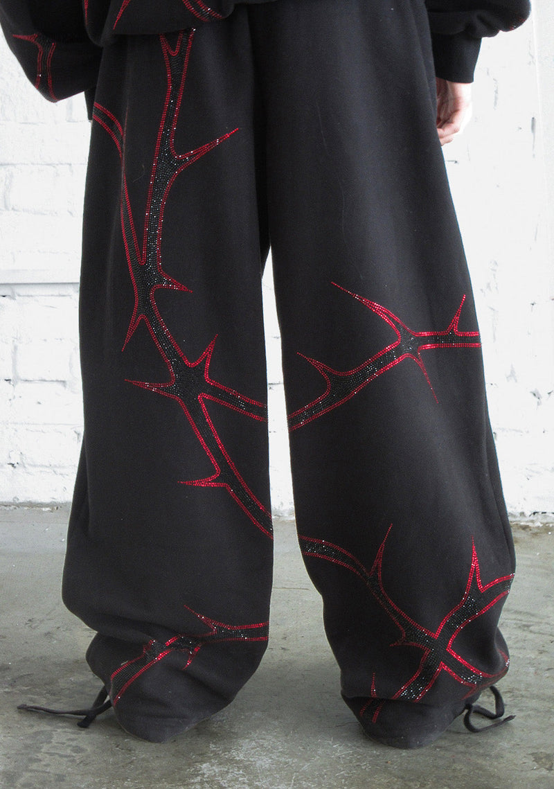THORN RHINESTONE SWEATPANTS BLACK AND RED
