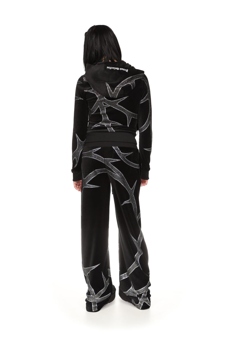 THORN RHINESTONE VELOUR HOODIE BLACK
