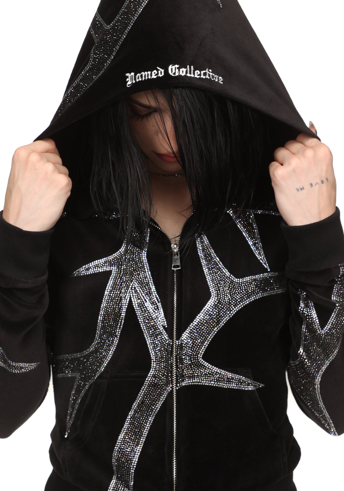 THORN RHINESTONE VELOUR HOODIE BLACK