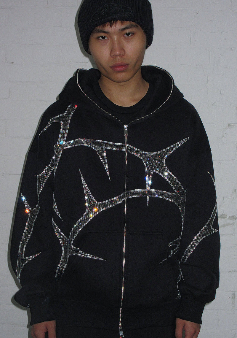 THORN RHINESTONE ZIP HOODIE BLACK