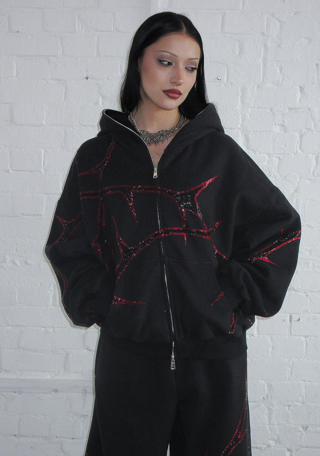 THORN RHINESTONE ZIP HOODIE BLACK AND RED