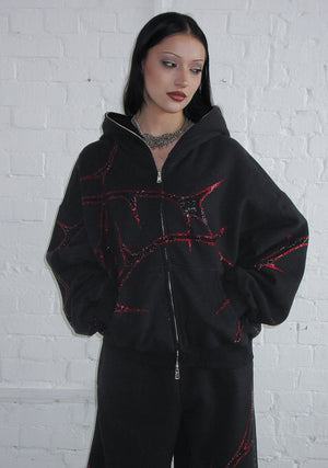 THORN RHINESTONE ZIP HOODIE BLACK AND RED