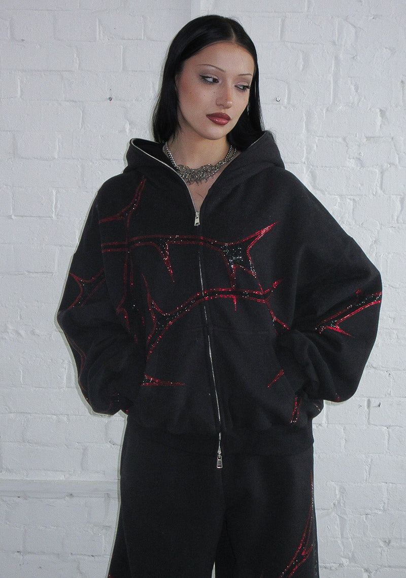THORN RHINESTONE ZIP HOODIE BLACK AND RED