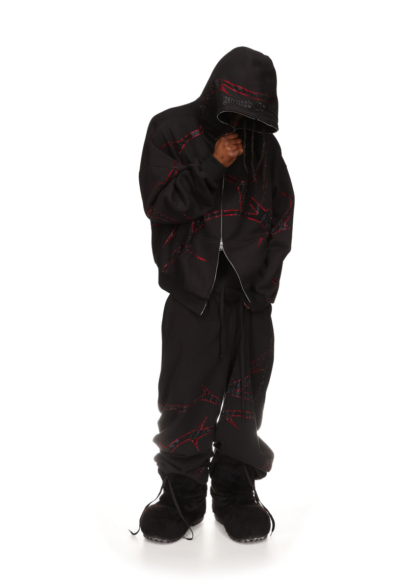 THORN RHINESTONE ZIP HOODIE BLACK AND RED