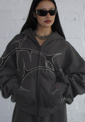 THORN RHINESTONE ZIP HOODIE CHARCOAL