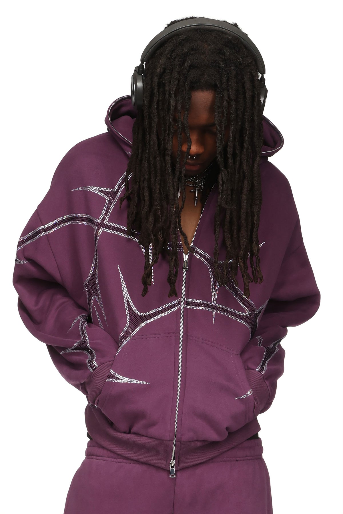 THORN STUDDED ZIP HOODIE DEEP PURPLE
