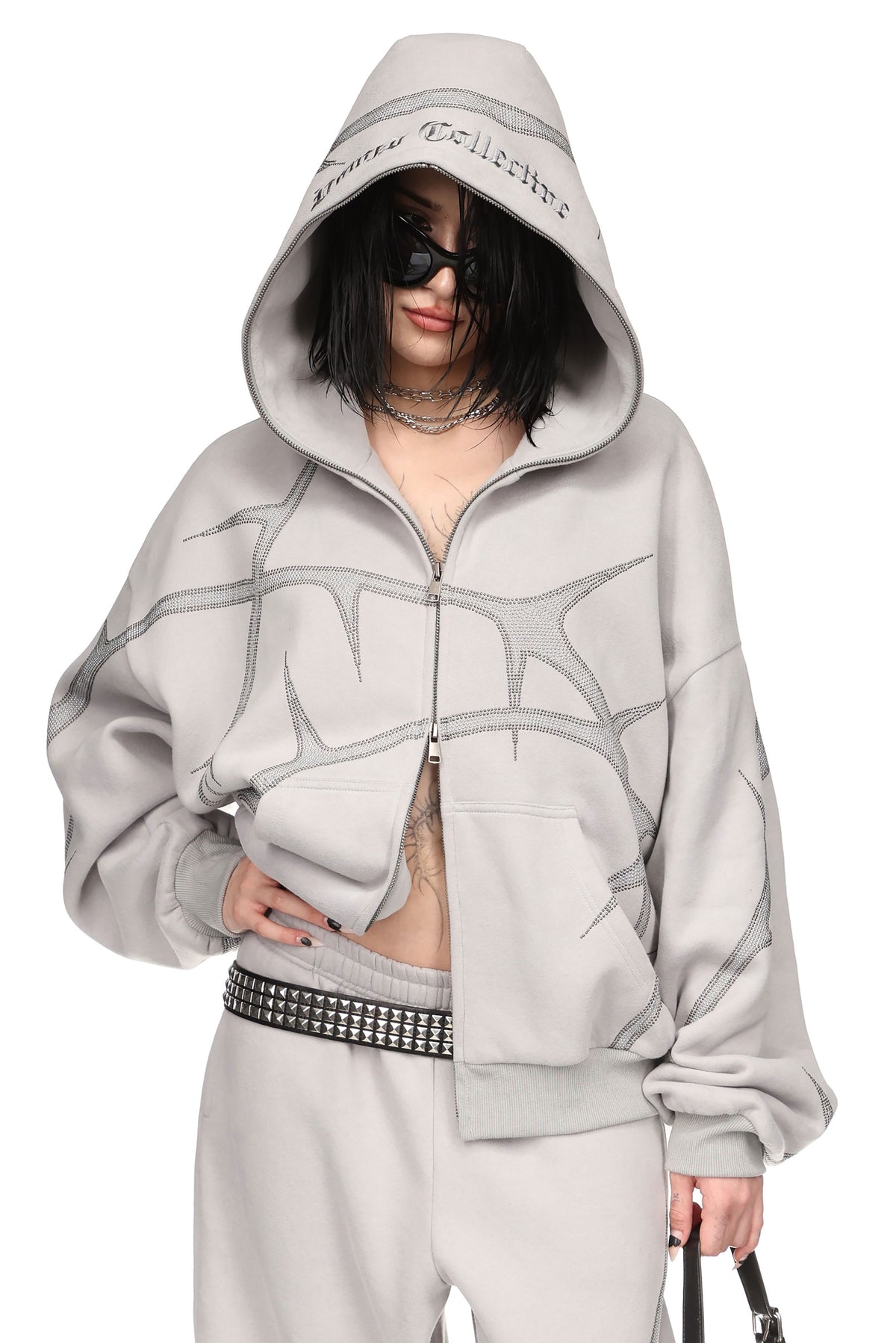 THORN STUDDED ZIP HOODIE SMOKE GREY