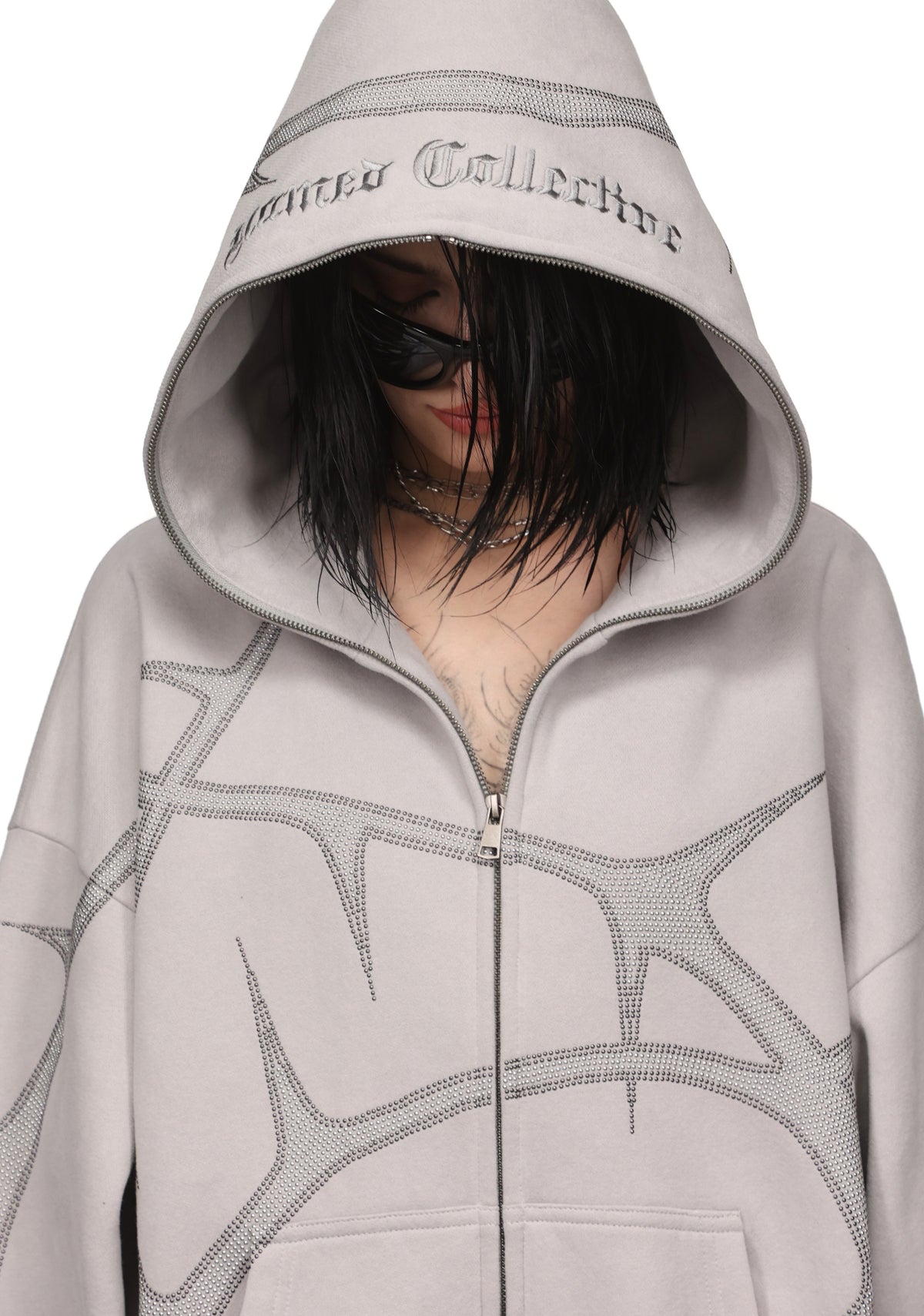 THORN STUDDED ZIP HOODIE SMOKE GREY