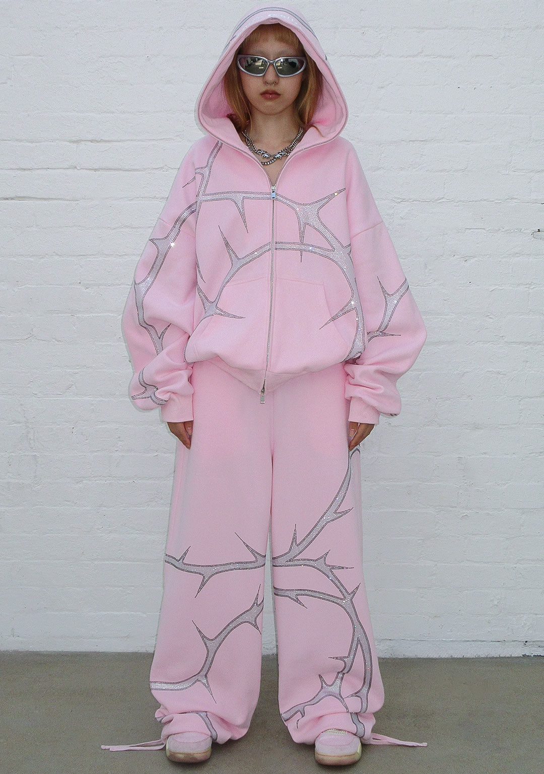 THORN RHINESTONE ZIP HOODIE BABY PINK