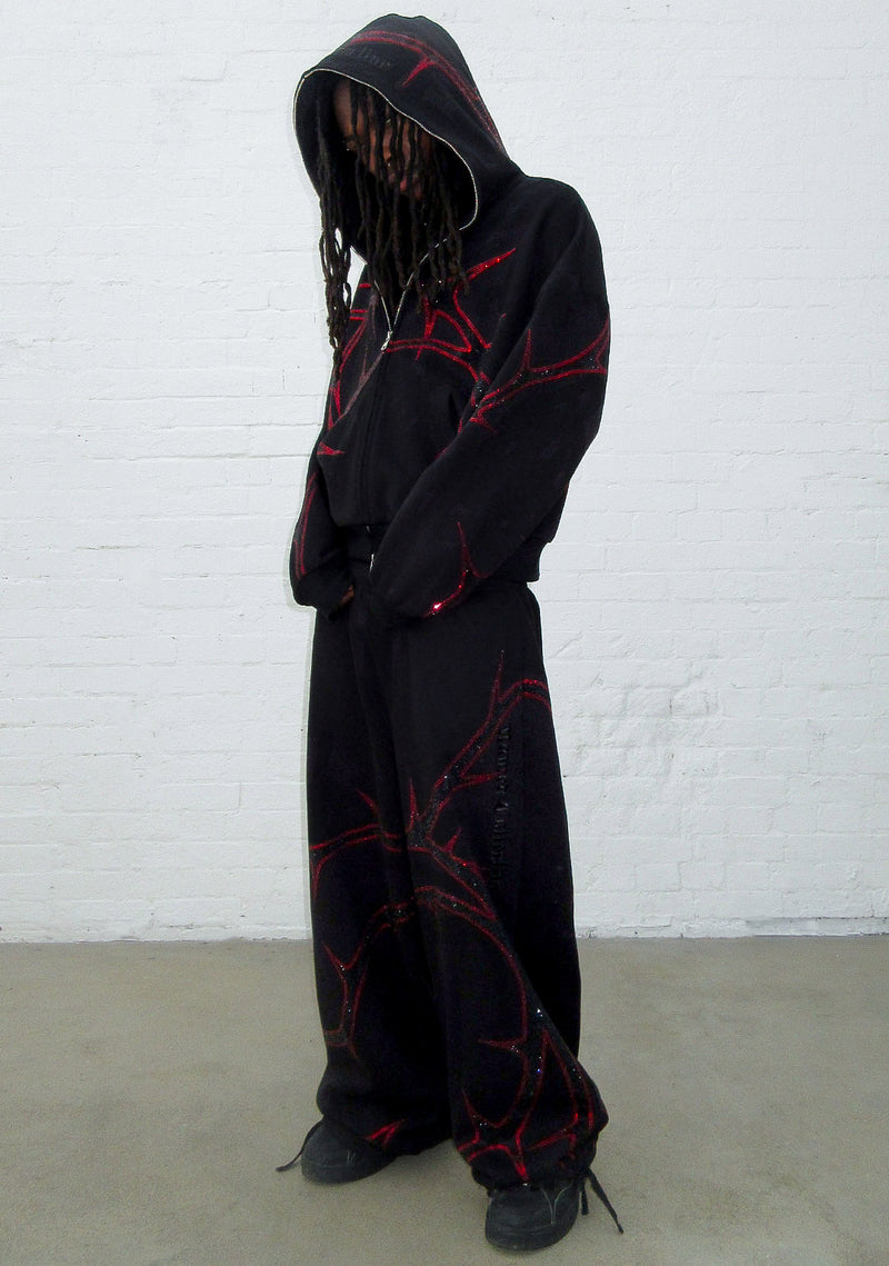 THORN RHINESTONE SWEATPANTS BLACK AND RED