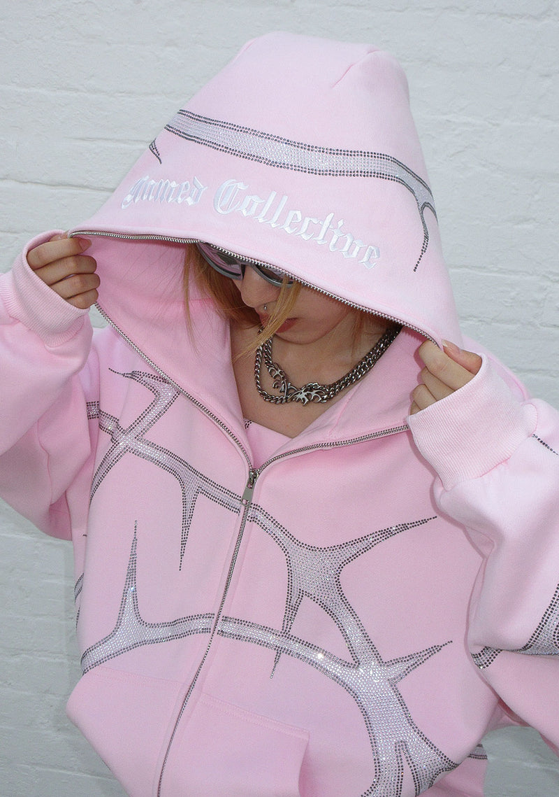 THORN RHINESTONE ZIP HOODIE BABY PINK
