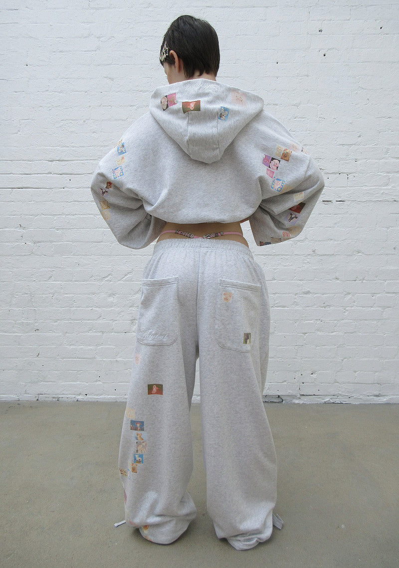 TRINKET MOTIF CROP ZIP HOODIE GREY MARL