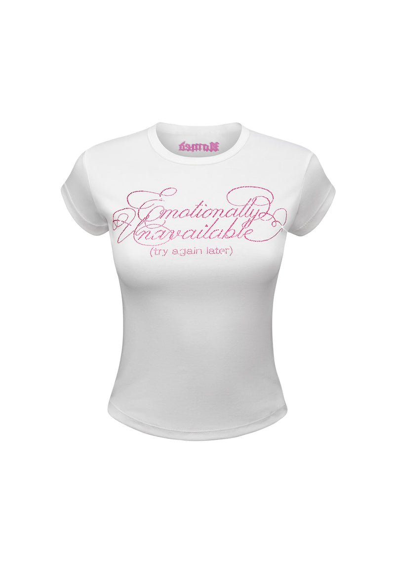 TRY AGAIN L8R RHINESTONE BABY TEE WHITE