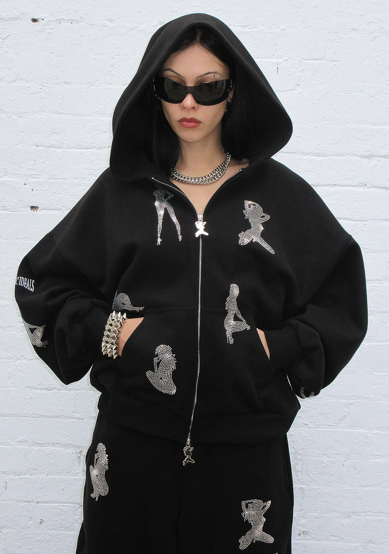 UNREALISTIC IDEALS RHINESTONE ZIP HOODIE BLACK