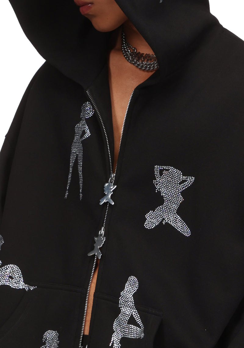 UNREALISTIC IDEALS RHINESTONE ZIP HOODIE BLACK
