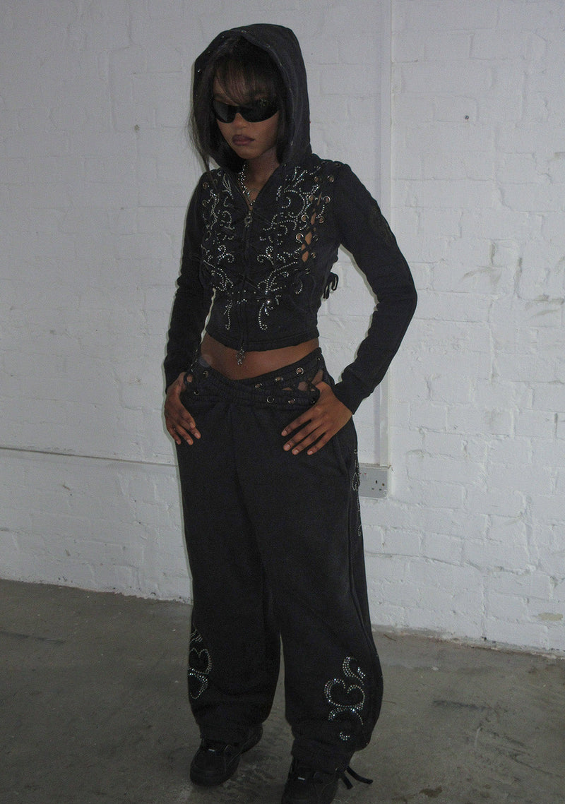 VENDETTA LACE UP OVERSIZED SWEATPANTS BLACK VINTAGE WASH