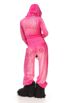 VISION RHINESTONE VELOUR HOODIE WASHED HOT PINK