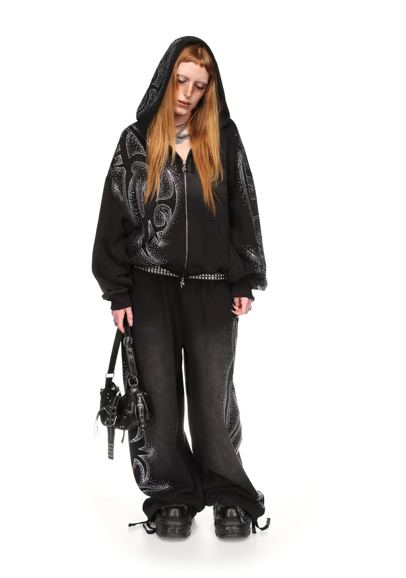 VISION RHINESTONE ZIP HOODIE WASHED BLACK