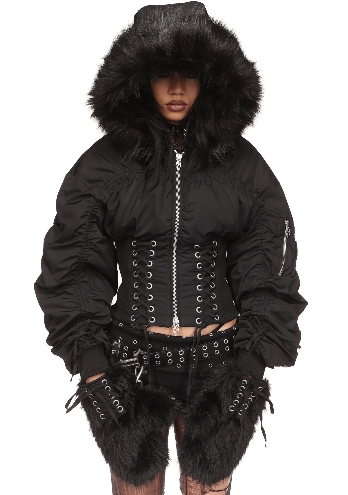VIXEN LACE-UP BOMBER JACKET WITH MITTENS BLACK
