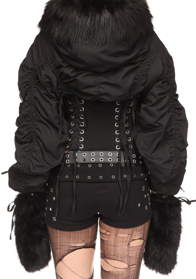 VIXEN LACE-UP BOMBER JACKET WITH MITTENS BLACK