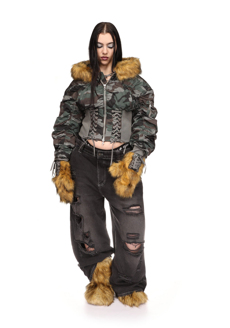 VIXEN LACE-UP BOMBER JACKET WITH MITTENS CAMO