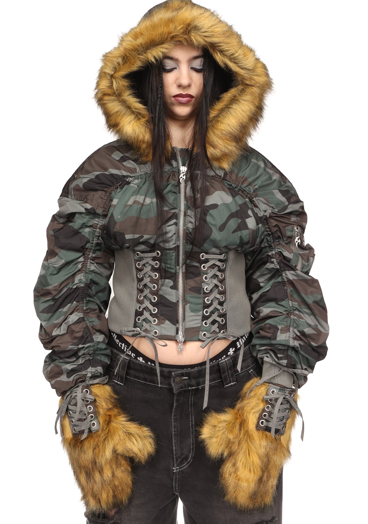 VIXEN LACE-UP BOMBER JACKET WITH MITTENS CAMO
